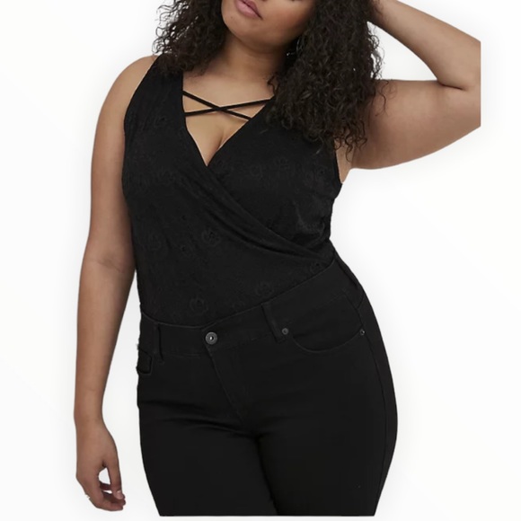torrid Tops - Torrid Surplice Strappy Bodysuit Lace Black